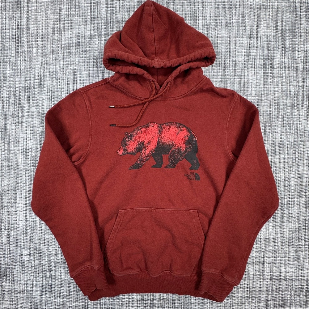 The North Face Hoodie Mens Small Rust Red Bear Graphic Cotton Blend Pullover